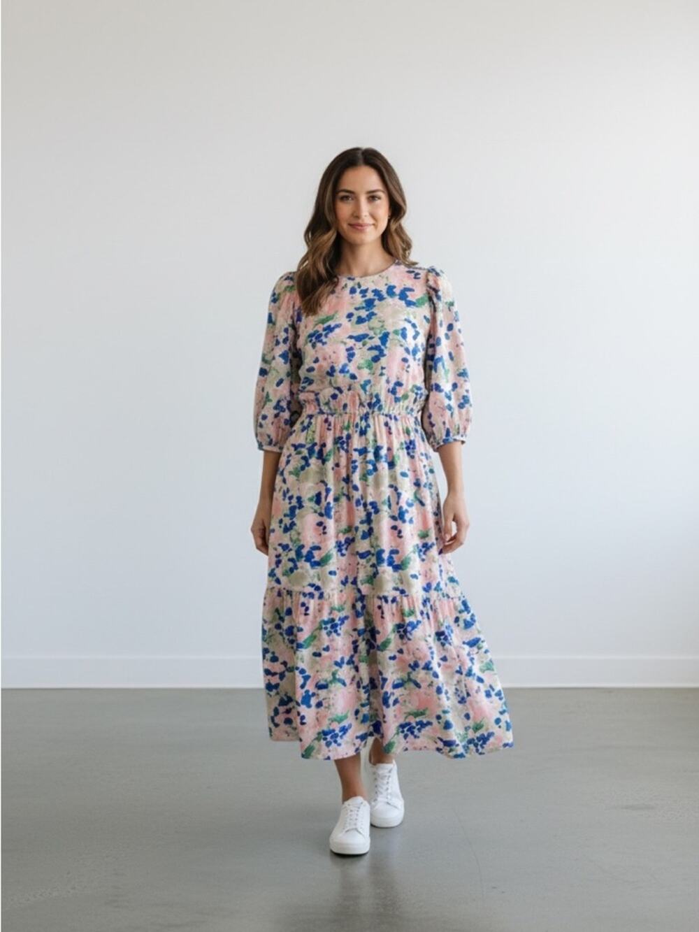 Jane Valken Maxi Dress Size M pink green  Blue Tie Dye Floral